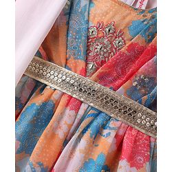 Babyhug Georgette Woven Short Sleeves Kurti Palazzo Set With Dupatta Lace Detailing & Sequin Floral Embroidery - Muticolour