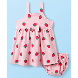 Babyhug Single Jersey Knit Sleeveless Striped Frock With Strawberry Print & Bloomer - Pink