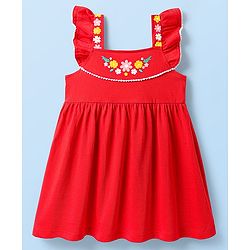 Babyhug Single Jersey Knit Frill Sleeves Frock With Floral Print - Red