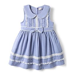 Babyhug Cotton Woven Sleeveless Peter Pan Collared Frock with Bow Applique & Lace Detailing - Light Blue
