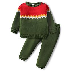 Babyhug Knitted Full Sleeves Striped Sweater Set - Navy Blue & Red