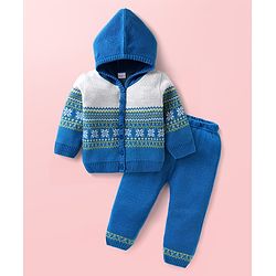 Babyhug Full Sleeves Hooded Front Open Sweater Set With Floral & Stripe Design - White & Blue