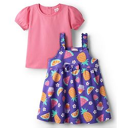 Babyhug Cotton Knit Half Sleeves Frock & Inner Tee with Fruits Print & Bow Applique - Pink & Purple