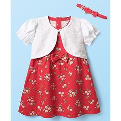 Babyhug 100% Cotton Half Sleeves Floral Printed Frock With Shrug & Headband - Red & White