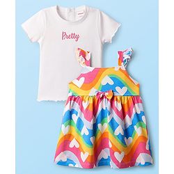 Babyhug Cotton Knit Half Sleeves Frock & Inner Tee with Hearts Print & Bow Detailing - Multicolour