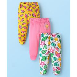 Babyhug Cotton Knit Footed Bootie Leggings With Tropical Print Pack Of 3 - Yellow & White