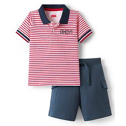 Babyhug Single Jersey Knit Half Sleeves Striped Polo T-Shirt & Shorts Set With Ahoy Print - Red & Navy Blue