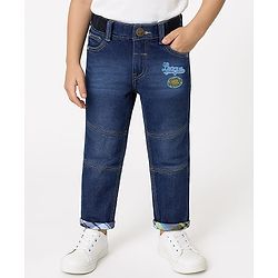 Babyhug Full Length Washed Denim Jeans With Text Embroidery & Stretch - Blue