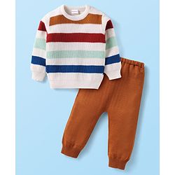 Babyhug Knit Full Sleeves Sweater Set With Stripes - Maroon