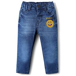 Babyhug Full Length Denim Jeans With Stretch & Smiley Badge - Blue