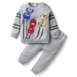 Babyhug Knitted Full Sleeves Sweater Set with Car Design - Light Grey