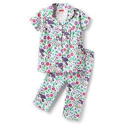 Babyhug Cotton Knit Front Open Half Sleeves Co-ords Night Suit With Unicorn & Floral Print - White