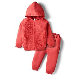 Babyhug Knit Full Sleeves Hooded Pullover Sweater Set with Cable Knit Design - Red