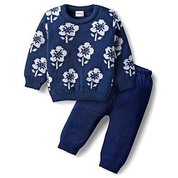 Babyhug Knitted Full Sleeves Sweater Set With Floral Design - Navy Blue