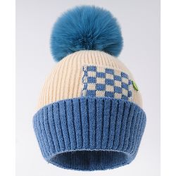 Babyhug Woollen Cap With Checks Design & Pom Pom Blue - Diameter 13 cm
