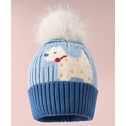 Babyhug Woollen Cap with Doggy Design & Bobble Applique Blue - Diameter 11.5 cm