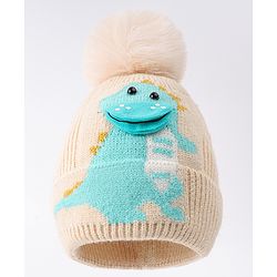 Babyhug Woollen Cap with Dino Design & Bobble Applique Beige & Light Blue - Diameter 11 cm