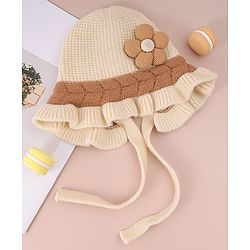 Babyhug Woollen Cap with Knot & Floral Applique Cream - Diameter 14 cm