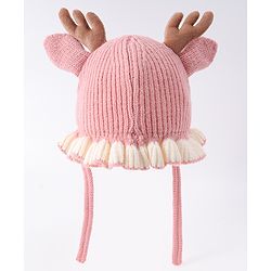 Babyhug Woollen Cap with Knot & Reindeer Ear Applique Red - Diameter 14 cm