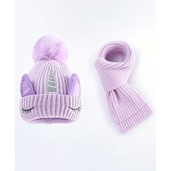 Babyhug Woollen Cap with Muffler & Ear Applique Purple - Diameter 11.5 cm