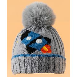 Babyhug Pom Pom Woollen Cap Gloves and Muffler Set Reindeer Design Small Size - Blue