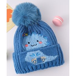 Babyhug Woollen Cap with Pom Pom & Animal Design Blue - Diameter 15 cm