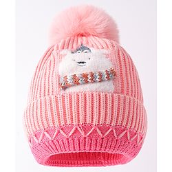 Babyhug Woollen Cap with Pom Pom & Bear Embroidery Pink - Diameter 11 cm