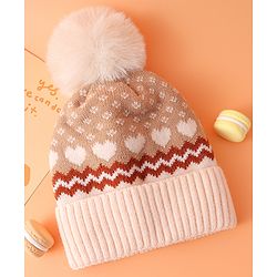 Babyhug Woollen Cap With Hearts Design Khaki - Diameter 15 cm