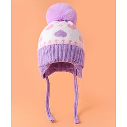 Babyhug Woollen Cap With Knot & Hearts Design Purple - Diameter 13 cm