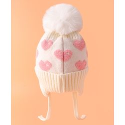 Babyhug Woollen Cap With Heart Design Cream - Diameter 12 cm