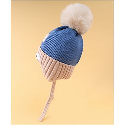 Babyhug Woollen Cap with Knot Pom Pom Bear Embroidery Blue - Diameter 14 cm