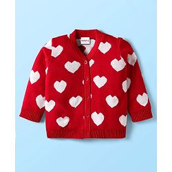 Babyhug Knit Full Sleeves Front Open Sweater with Heart Design - Red