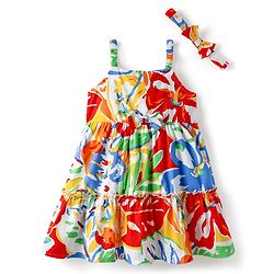 Babyhug Cotton Knit Sleeveless Frock with Headband & Floral Print - White