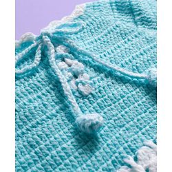 Babyhug Full Raglan Sleeves Crochet Hand-Knit Woollen Dress with Colour Block Design & Cap - Aqua Blue