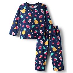 Babyhug Cotton Knit Full Sleeves Co-Ord Night Suit with Tropical Theme Print - Navy Blue