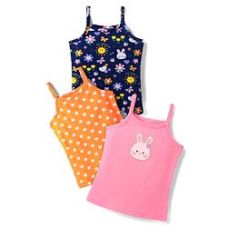 Babyhug 100% Cotton Singlet Sleeves Slips With Polka Dots & Bunny Print Pack of 3 - Pink Navy Blue & Orange