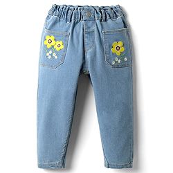 Babyhug Denim Full Length Slim Fit Stretchable Washed Jeans With Mock Fly Floral Embroidery & Badges - Blue