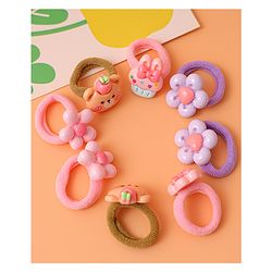 Babyhug Free Size Rubber Bands with Floral and Bear Applique Pack of 8 - Brown Lilac and Pink