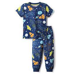 Babyhug Cotton Knit Half Sleeves Co-ords Night Suit With Space Theme Print - Navy Blue