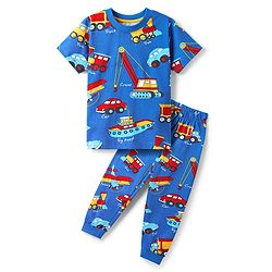 Babyhug Cotton Knit Half Sleeves Co-Ord Night Suit With Vehicle Print - Blue