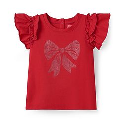 Babyhug 100% Cotton Knit Frill Sleeves Top with Rhinestone Detailing - Red