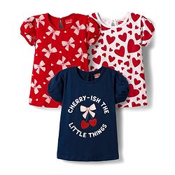 Babyhug 100% Cotton Knit Half Puffed Sleeves T-Shirts with Bow & Heart Print Pack of 3 - Red White & Navy Blue