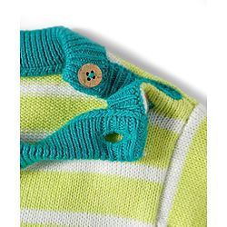 Babyhug Organic Cotton Knitted Full Sleeves Striped Sweater Set With Elephant Embroidery & Cap - Teal Blue & Yellow