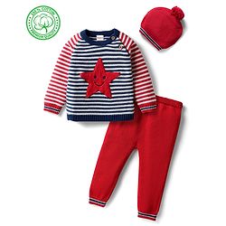 Babyhug Organic Cotton Knit Full Raglan Sleeves Striped Pullover Sweater Set with Cap & Star Patch Detailing - Red