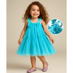 Babyhug Rayon Sleeveless Frock With Floral Print & Bow Detailing - Blue main image 1