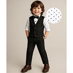 Babyhug Woven Full Sleeves Printed 3 Piece Party Suit With Bow - Black & White