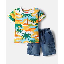 Babyhug Single Jersey Knit Half Sleeves T-Shirt & Shorts Sets with Beach Theme Print - Blue & Yellow