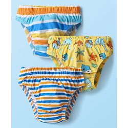 Babyhug 100% Cotton Single Jersey Knit Antibacterial Briefs With Stripes & Fish Print Pack of 3 - Blue Yellow & Light Blue