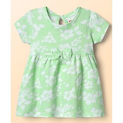 Babyhug Single Jersey Knit Half Sleeves Frock With Floral Print & Bow Applique - Sea Green