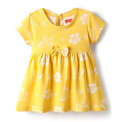 Babyhug Single Jersey Knit Half Sleeves Frock With Floral Print - Yellow
